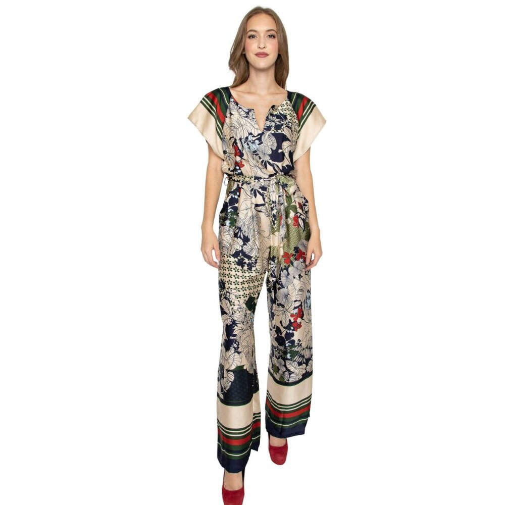 EVA FRANCO Navy & Cream wide leg jumpsuit CANDICE size 2 leaves stripes RT $206